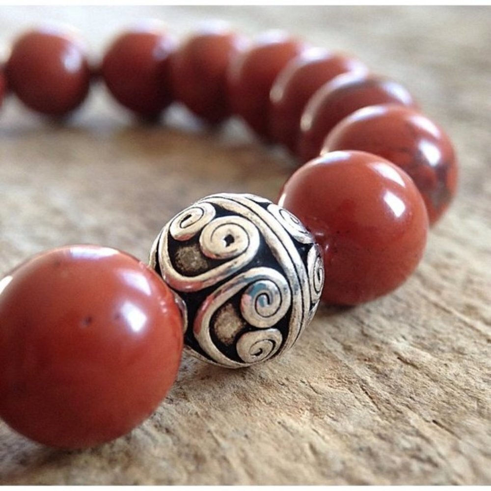 Men's Red Agate Beaded Stretch Bracelet Sterling Silver Accent Bead - 10mm Beads